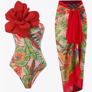 NWOT One Shoulder 3D Flower Decoration One Piece Swimsuit Bathing Suit & Skirt